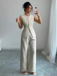 Conjunto de 2 piezas elegante estilo francés con botón con diseño de flor para tiempo libre/commuter para mujer - Albaricoque 3 - Ver 4