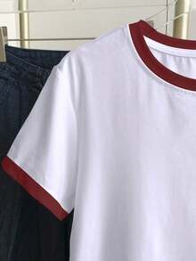 Camiseta de manga corta con cuello redondo, estampado de corazón y ribete de bloques de color para mujer talla grande, verano - Blanco - Ver 4