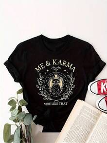 1 Pieza Camiseta Unisex Holgada 180g 100% Algodón Puro, T-shirt única y original Me & Karma con un diseño celestial y vibrante ideal para quienes buscan estilo y autenticidad, perfecta para la moda y2k, combina comodidad y  en una sola prenda, ¡no te pierdas esta pieza esencial en tu guardarropa! - Negro - Ver 1