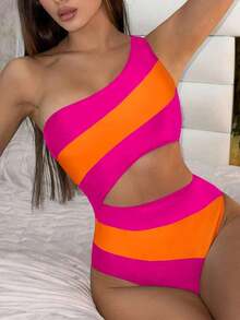 Traje de baño de una pieza con bloque de color y un solo hombro para mujer, ideal para nadar, vacaciones y playa en verano - Multicolor - Ver 6