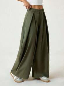 Pantalones anchos de verano con dobladillo curvo verde, estilo vintage, casual y para salir - Verde militar - Ver 4