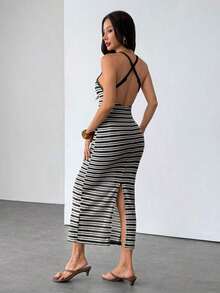 Vestido casual de vacaciones con tirantes finos para mujer - Blanco y Negro - Ver 2
