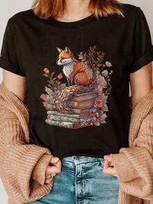 1pc Camisetas Para Mujer Camiseta única con diseño de zorro y flores, inspirada en la estética y2k, perfecta para los amantes de la naturaleza y la lectura, disponible en México, destaca con su arte vibrante y colores llamativos, ideal para cualquier ocasión y estilo. Camiseta De Manga Corta De Algodón - Negro - Ver 1