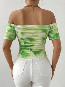 Camiseta de manga corta plisada con cuello recto en línea - Verde - Ver 2