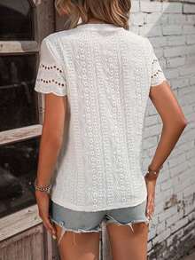 Blusa casual de cuello redondo de manga corta para mujer, con borde de encaje hueco y sencilla - Blanco - Ver 2