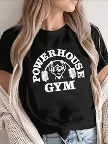 Lightweight And Durable Black T-Shirt With A White  Design, Ideal For Workouts, Casual Outings, Or Gym Sessions; Perfect For Fitness Enthusiasts At Home, In The Gym, Or Outdoors - 黑色 - 查看 1