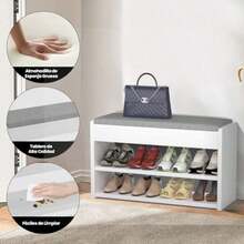 Banco Zapatero de 3 Niveles, Zapatera Madera de Tres Capas, Organizador de Zapatos Multifuncional con Asiento Acolchado de Espuma, Zapatero Entrada para Entrada, Puerta, Pasillo 80 * 30 * 40.5 cm - Gris - Ver 5