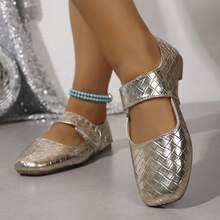 Women's Adjustable Lace-Up Plaid Woven Pattern Square Toe Flat Loafers, Versatile For Party, Dating, All Seasons, Gold Glossy Leather - Gold - View 2