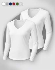 Set Of 2 Long Sleeve T-Shirts, Base Layer Blouses, V-Neck, Slim Fit, Workwear, Winter, Basic, Plain - White - View 1