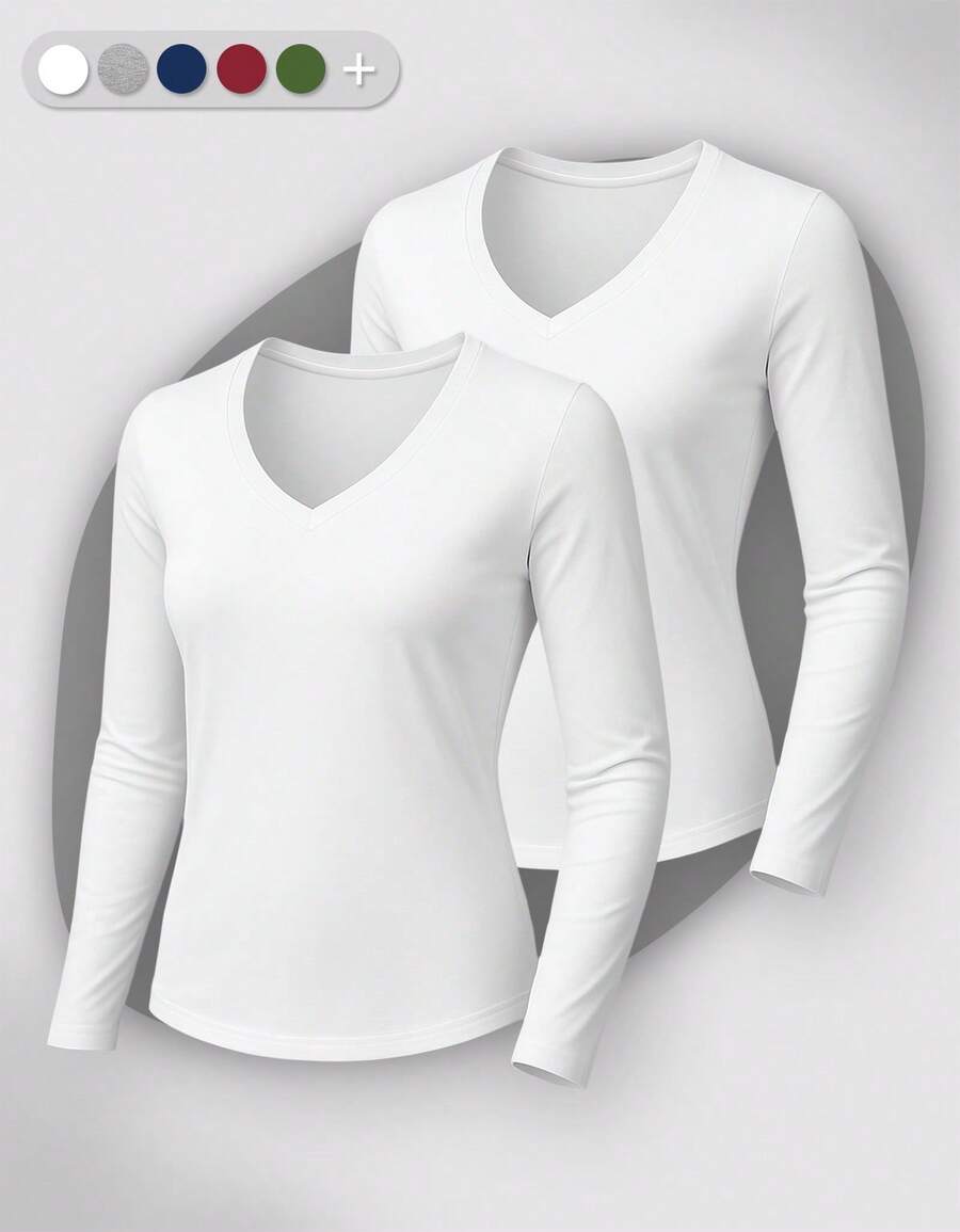 Set Of 2 Long Sleeve T-Shirts, Base Layer Blouses, V-Neck, Slim Fit, Workwear, Winter, Basic, Plain - White - View 1