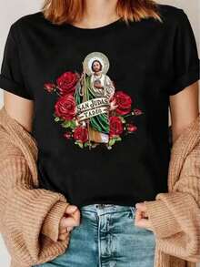 Tadeo Casual T-Shirt With Red Rose Print, Everyday T-Shirt, Holiday T-Shirt, Sports T-Shirt, Women's Clothing - 黑色 - 查看 1