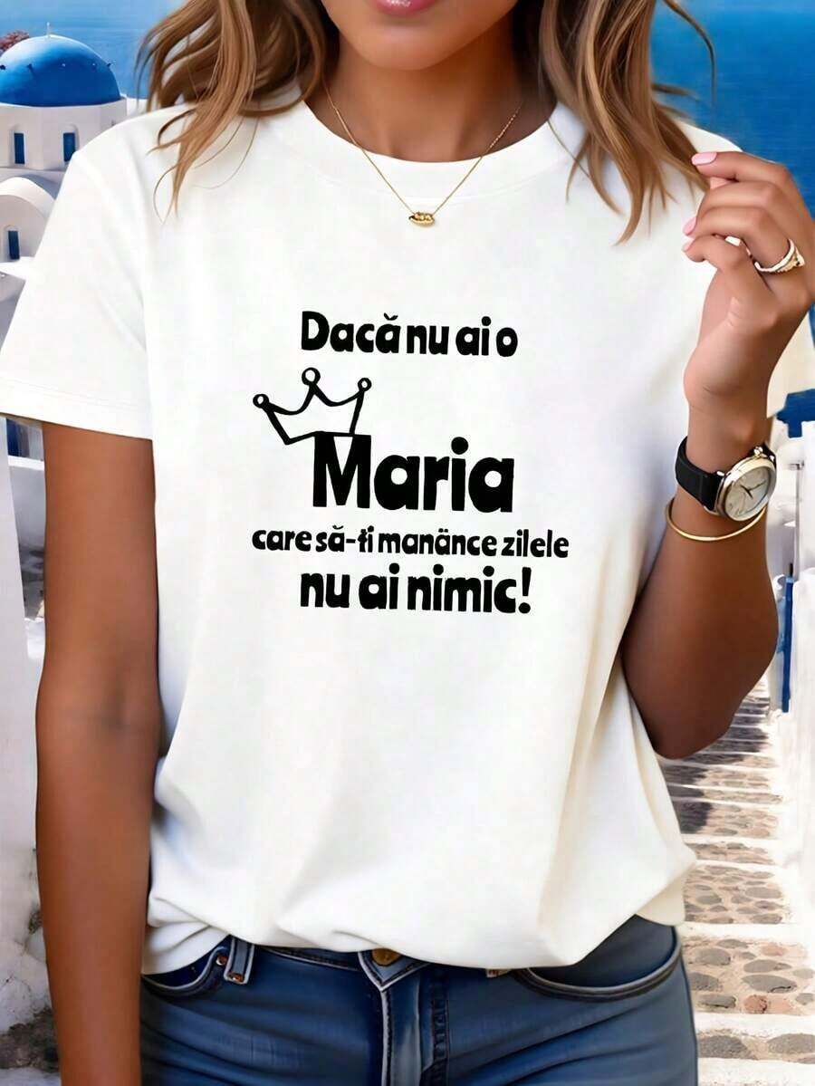 Camiseta 100% algodón con estampado de la frase "Maria" en rumano, manga corta, cuello redondo, estilo casual para verano y primavera, ropa de mujer. - Blanco - Ver 1