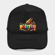 This Black Trucker Hat Features A Colorful Construction-Themed Design With The Name "Preston" And Various Building Elements Like A Flame, Crane, And Traffic Cone. - màu đen - Xem 1