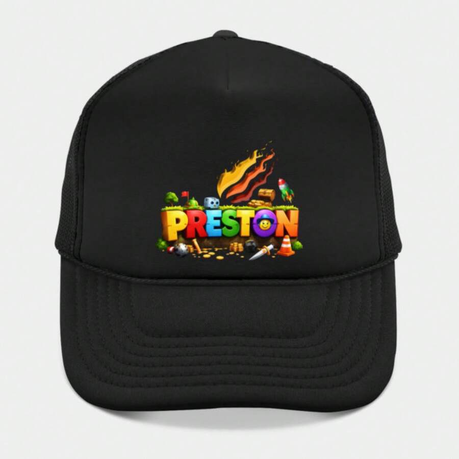 This Black Trucker Hat Features A Colorful Construction-Themed Design With The Name "Preston" And Various Building Elements Like A Flame, Crane, And Traffic Cone. - màu đen - Xem 1