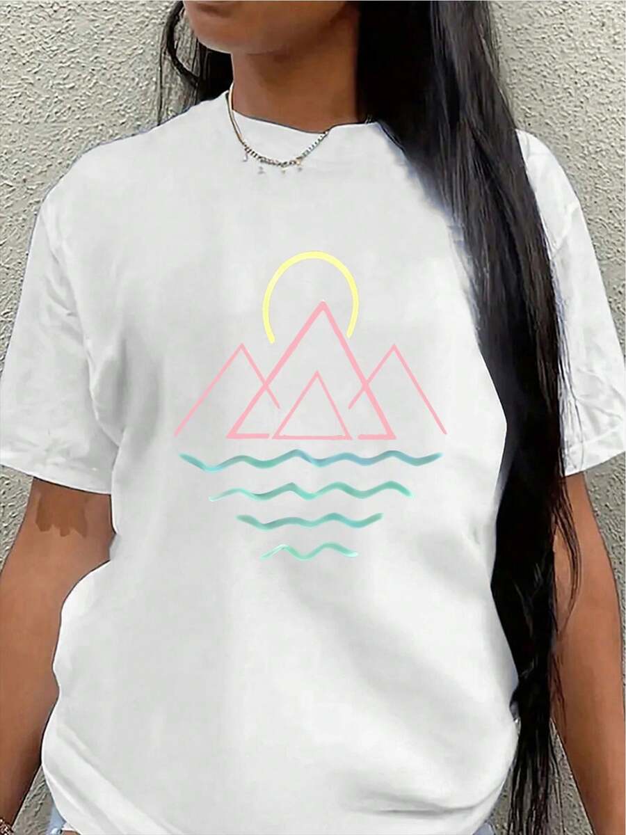 Lightweight And Durable T-Shirt With A Mountain And Wave Design In Neon Colors, Perfect For Casual Outings, Ideal For The Beach, Cafes, Or Outdoor Activities, And Offers A Comfortable Wearing Experience With Bright Colors. - 白色 - 查看 1