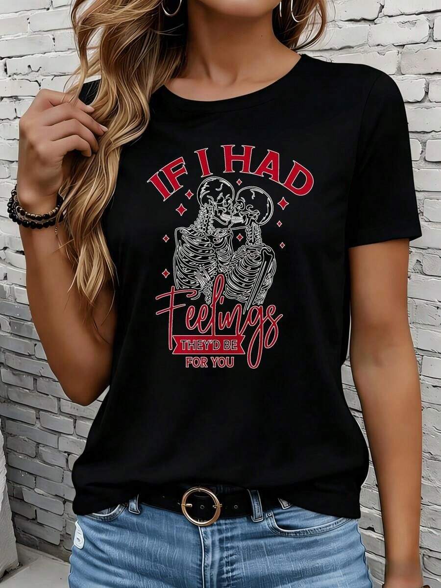 Camiseta de manga corta GraphicLadies para ocio, actividades al aire libre y hogar, 220g. Si tuviera sentimientos, serían para ti. Camiseta de Halloween con diseño de pareja esquelética para mujer, divertida camiseta con estampado de amor. Camiseta para ocio, actividades al aire libre, vacaciones y fiestas, ideal como regalo. - Negro - Ver 1
