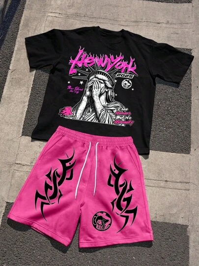 Streetrush 1pcs/Set Men's Casual Letter Graphic Round Neck Short Sleeve T-Shirt And Shorts Set, Summer Graphic Tees Streetwear