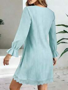 Vestido de mujer con cuello bordado en V, detalles con borlas de colores, mangas largas con volantes, decoración con borlas, vestido elegante de playa y vacaciones para primavera - verde menta - Ver 4