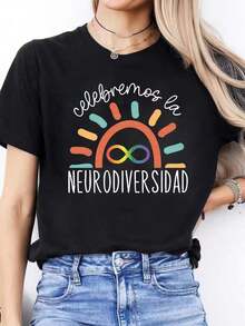Casual Spring/Summer T-Shirt With Spanish Letter Print, Short Sleeve Round Neck Sports T-Shirt, Women's Top, Tropicoqueta Sets, Sets, Tops, Women's Summer Clothing, Summer Tops, Women's Tops, Fashion - 黑色 - 查看 1