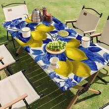1pc Lemon Blue Floral Pattern Outdoor Elastic Tablecloth, Suitable For Spring/Summer Decor, Great For Outdoor Patio, Indoor Dining, Picnic, Camping And Party - C - View 16