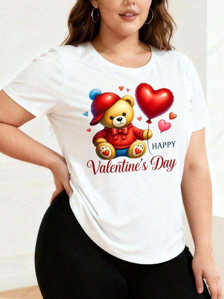 Camisetas casuales de manga corta para mujer, ideales para fiestas. Camiseta blanca de mujer con estampado de oso lindo sosteniendo un globo con forma de corazón y la frase "Feliz Día de San Valentín", perfecta para celebrar el Día de San Valentín. Estilo vintage urbano, unisex, holgada, de algodón, manga corta y cuello redondo. Blusas para mujer. blusas.blusas casuales para dama.Impresión de osos cariñosos.Camiseta estampada Impresión de osos cariñosos. - Blanco - Ver 1