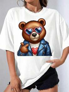 Camiseta Blanca y Negra para Niña con Estampado de Oso Lindo con Gafas de Sol y Chaqueta de Cuero, Camiseta Blanca para Uso Casual y Estilo Urbano, Camiseta Estampada Casual para Fiesta al Aire Libre - Estilo Urbano Vintage, Camiseta Unisex de Algodón de Manga Corta y Cuello Redondo, blusas para mujer. blusas.blusas casuales para dama.Impresión de osos cariñosos.Camiseta estampada Impresión de osos cariñosos. - Blanco - Ver 2