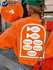 Camiseta de verano premium para mujer con estampado del patrón "Cinco Panes y Dos Peces" de Mateo 14, elegante camiseta 100% algodón, top casual para mujer, manga corta estilo Y2k, cuello redondo holgado de verano, lavable a máquina, adecuada para salidas casuales y religiosas. - Negro - Ver 8