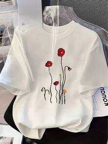 Women's Lightweight And Loose Clothing, Spring/Summer, Red Poppy Flower Print T-Shirt, Round Neck, Short Sleeves, Casual Fashion Top, Elegant Party Outfit, Loose Fit, Holiday Gift, Fun Design, Everyday Wear, Loungewear, Casual Daily Outfit. - 白色 - 查看 1