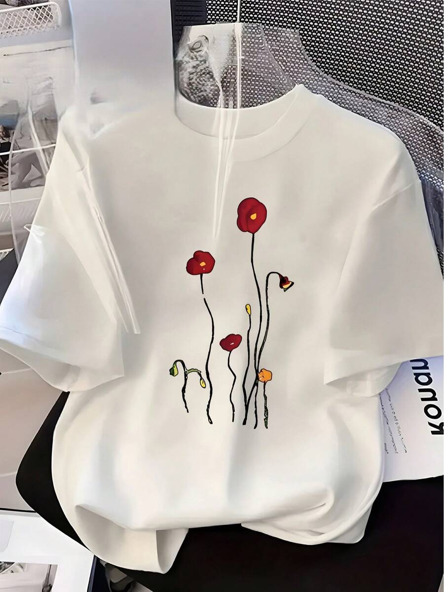 Women's Lightweight And Loose Clothing, Spring/Summer, Red Poppy Flower Print T-Shirt, Round Neck, Short Sleeves, Casual Fashion Top, Elegant Party Outfit, Loose Fit, Holiday Gift, Fun Design, Everyday Wear, Loungewear, Casual Daily Outfit. - 白色 - 查看 1