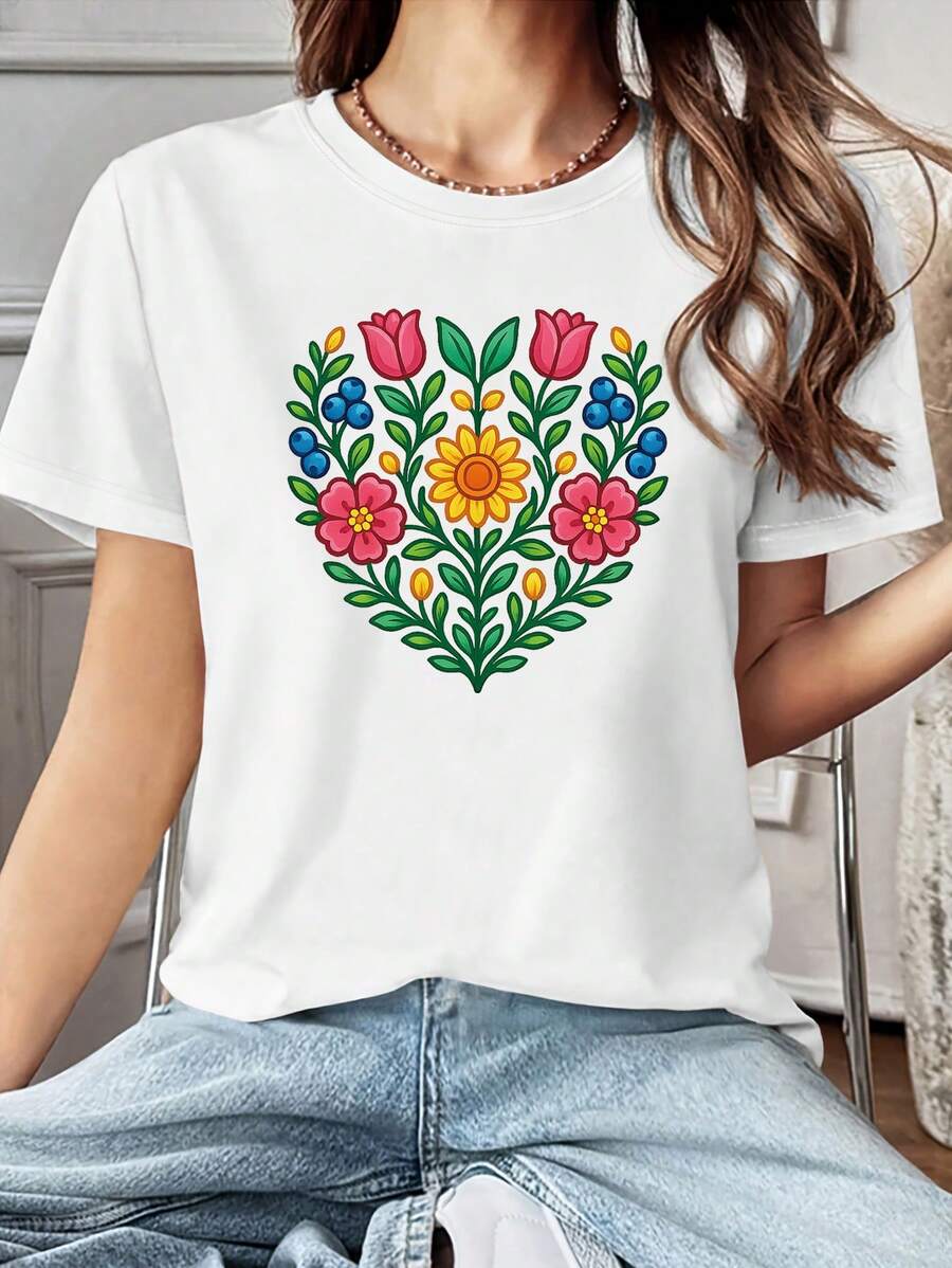 Estilo curvy de talla grande: Flores florecientes, belleza folclórica. Estampados florales de Europa del Este, elementos culturales distintivos, diseño creativo, camiseta de mujer con cuello redondo para primavera-verano. Versátil para uso diario casual, perfecta como regalo para vacaciones y fiestas, para ir de compras, reuniones y salidas. A la moda, elegante, vintage. Corte holgado y elástico. - Blanco - Ver 1