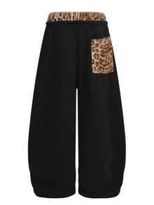Pantalones Deportivos Mujer Otoño 2026 Retro Americano, Peludo Estampado Leopardo con Bordado Combinado, Corte Curvo Pierna Ancha Holgados para Baile Jazz - Negro - Ver 2