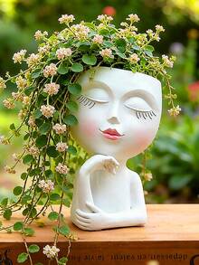 臉型花盆/花盆，適用於室內外植物，樹脂材質，適合多肉植物，帶排水孔，可愛女士臉型花盆 - A - 查看 1