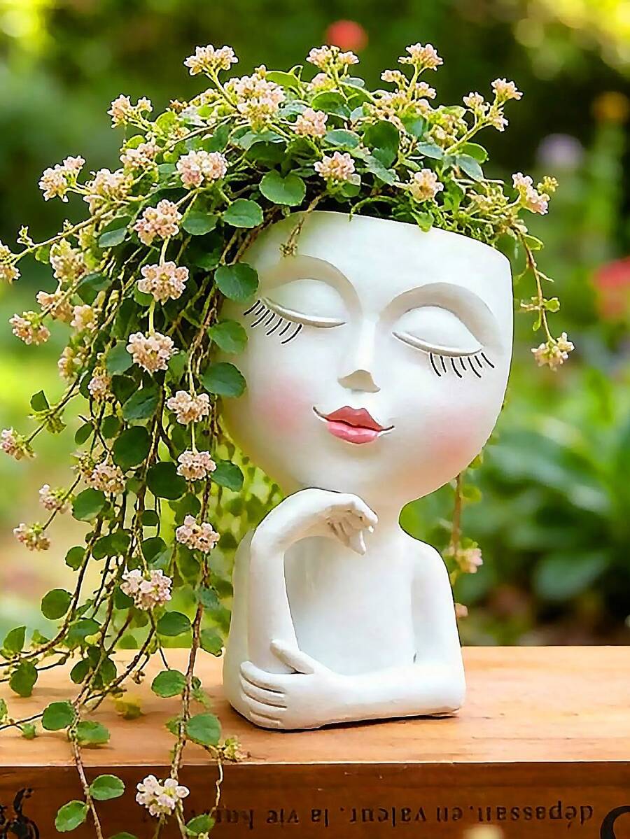 臉型花盆/花盆,適用於室內外植物,樹脂材質,適合多肉植物,帶排水孔,可愛女士臉型花盆 - A - 查看 1