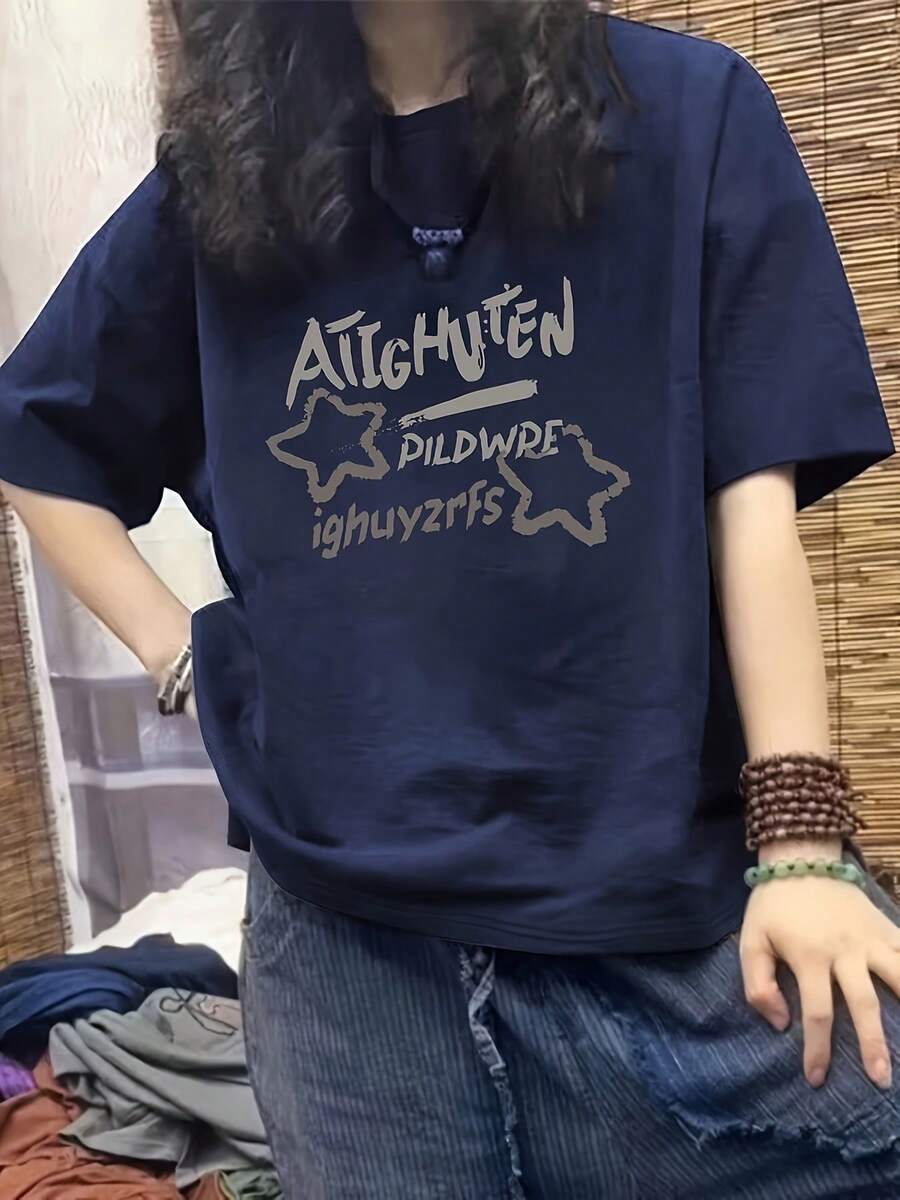 Women's Y2K 2025 Inspired Pure T-Shirt - Casual Crew Neck, Short Sleeve, Loose Fit, Cartoon Graphic Tee, Breathable Summer Tee, Casual Summer Tee | Y2K Fashion | Graphic Print - 海軍藍 - 查看 1