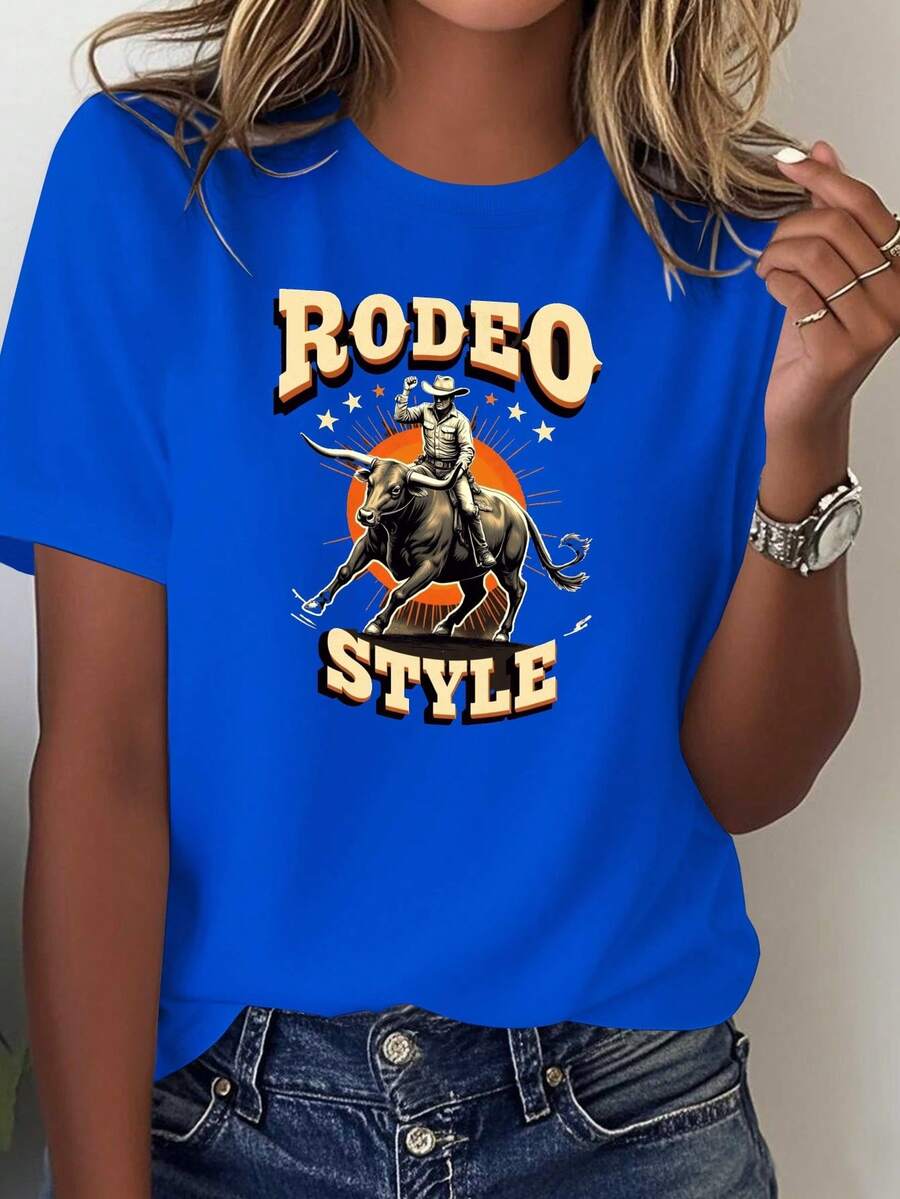Women's Western Cowgirl Graphic T-Shirt - 100% Soft And Casual Cowboy & Bull Design, Rodeo And Bull Riding Event Print, All-Weather Comfort Ideal For Country Western Theme Parties Or Casual Outfits, Geometric Pattern, Machine Washable, Relaxed Fit, Bold Rodeo Style Cowboy And Ox Silhouettes, Vibrant Colors, Casual Garment Inspired By Wild West Fashion Women's Shirts - 藍色 - 查看 1
