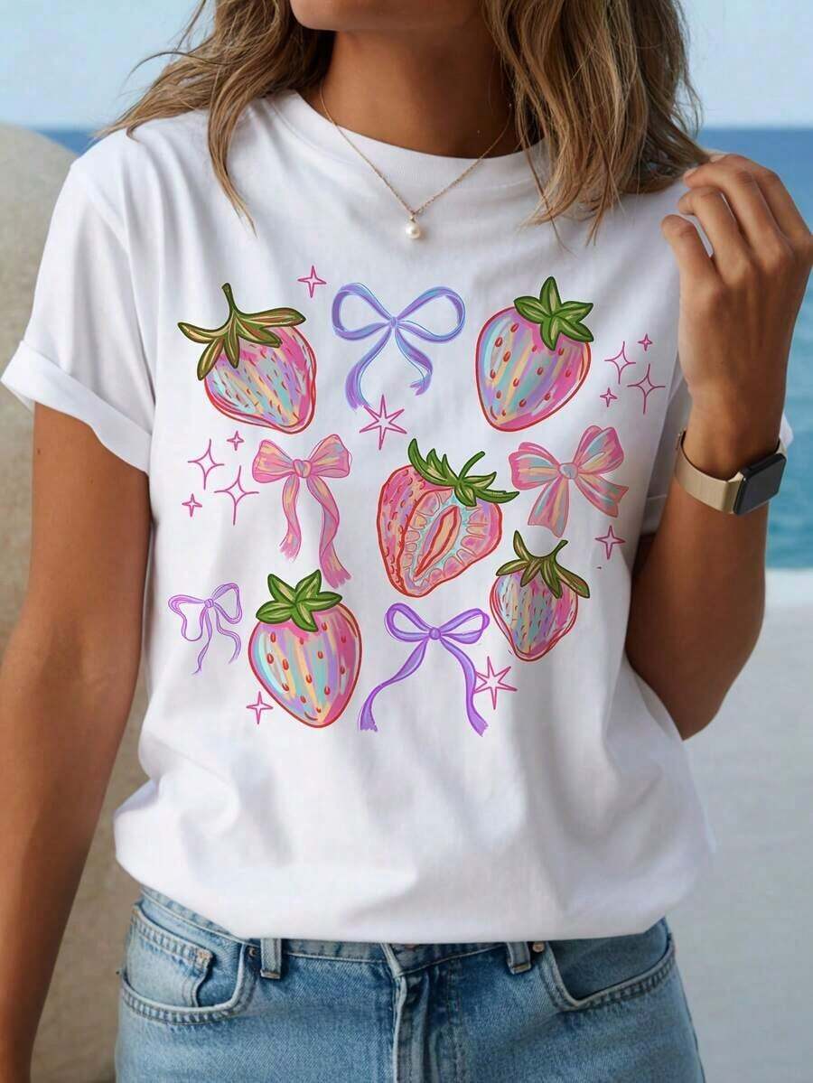 Camiseta Casual Estampada con Lazo de Fresa para Mujer, Talla Grande, 100% Algodón | Cuello redondo, tela ligeramente elástica, muy adecuada para primavera y verano, ideal para usar durante todo el año en actividades deportivas y vestimenta casual. Conjuntos de Verano 2026 para Mujer, Ropa Urbana para Mujer, Ropa Original - Blanco - Ver 1