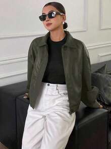Otoño/Invierno Nueva Chaqueta Casual Holgada y Gruesa de PU para Mujer, Abrigos para Mujer - Verde Oscuro - Ver 2
