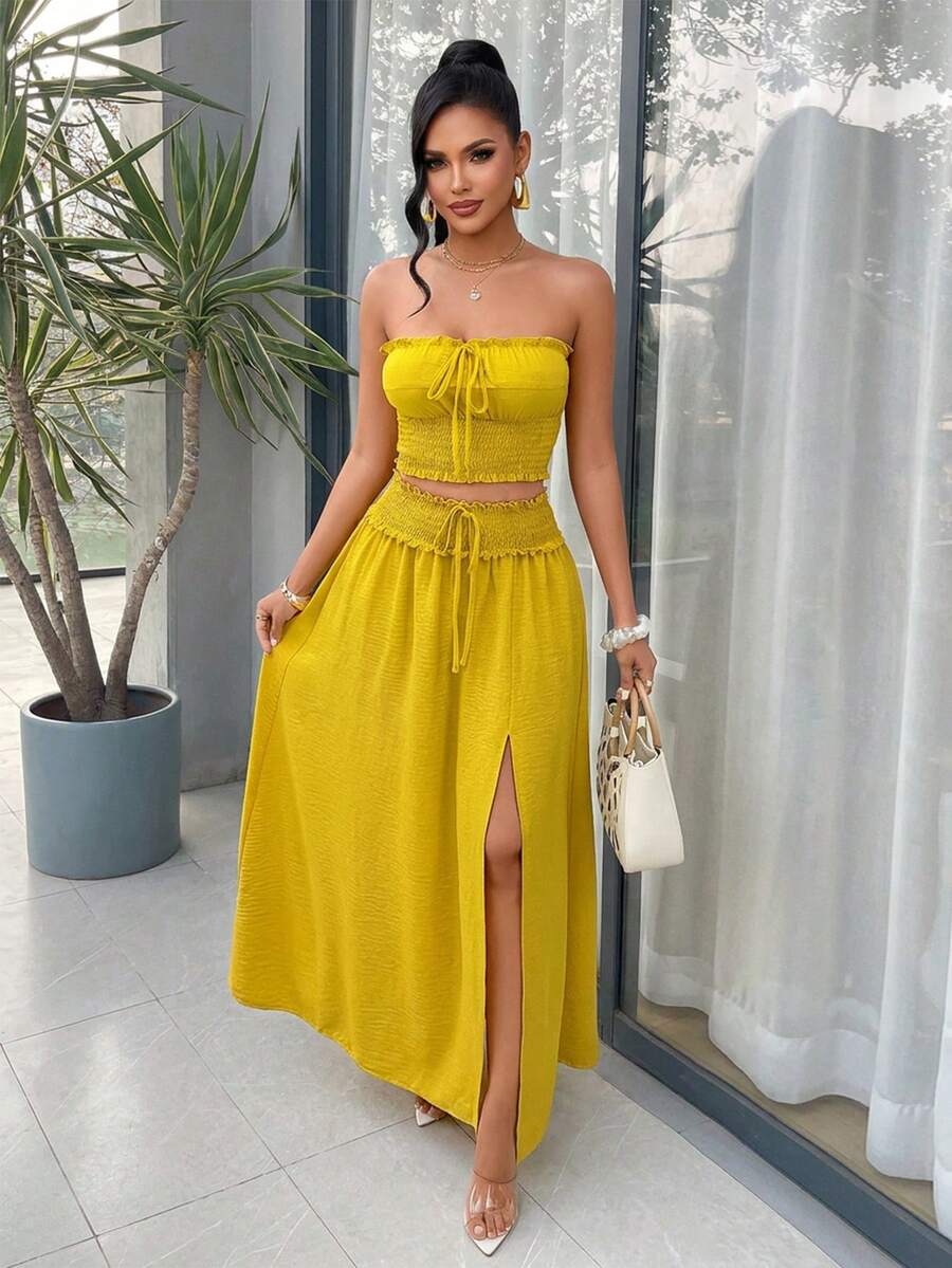 Elegant Women's Strapless Ruffle Hem Crop Top Paired With Pleated Detail Split Skirt Set, Suitable For Party And Daily Wear Summer - Yellow - View 1