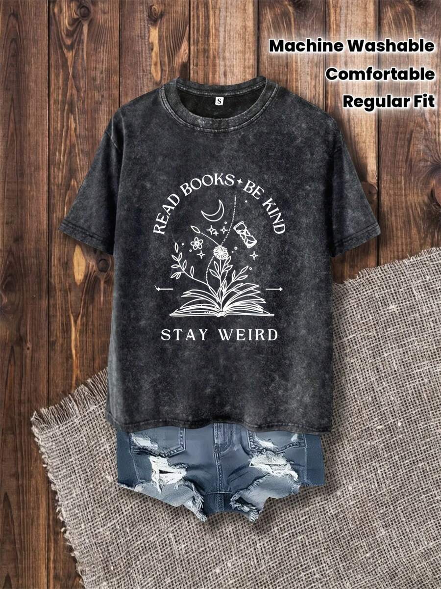 1 camiseta negra vintage lavada, estampada con "Los libros son mi peculiaridad" y un motivo de amante de los libros. | Camiseta de verano cómoda y casual de cuello redondo, lavable a máquina, camiseta con temática de libros, ropa casual, camisa de textura suave, corte regular, adecuada para todas las estaciones, 180g 100% algodón. - Negro - Ver 1