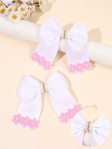 2pcs/Set White Bow Hair Clips For Girls, Cute Blue Flower Decor Bow Hair Clips, Exquisite Pearl Rhinestone Flower Decor Alligator Clips, Ribbon Hair Clips Party Hair Accessories Wedding Headwear For Girls And Teens - Multicolor - View 5