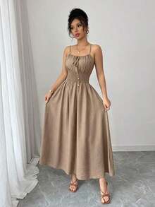 Vestido de lino con nudo en el frente, plisado en la cintura y sin mangas, color café claro, cómodo y casual, para primavera y verano - Caqui - Ver 6