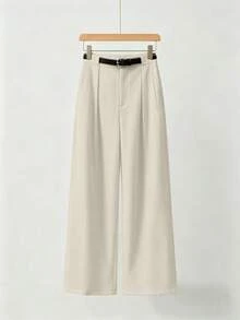 Pantalones rectos de cintura media de unicolor y elegantes para oficina con cinturón, para primavera - Beis - Ver 4
