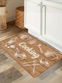 1pc Wood Grain & Kitchen Utensil "Cooking" Pattern Kitchen Mat, Modern Minimalist Absorbent & Oil-Resistant Kitchen Rug, Stain-Resistant Kitchen Floor Mat, Small Kitchen Rug, Easy Care Machine Washable Anti-Abrasion Anti-Scratch Kitchen Floor Mat, Soft & Elastic Kitchen Floor Pad, Kitchen & Dining Room Small Space Compatible Striped Rug, Kitchen Area Rug, Odorless Absorbent Non-Slip Floor Mat (Multiple Styles & Sizes Available) - Sketch Of Wooden Kitchenware - View 9