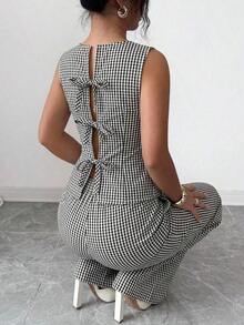 Conjunto de 2 piezas elegante con camiseta de tirantes con detalle retorcido en la espalda y pantalones de pierna ancha de unicolor para mujer - Blanco y Negro - Ver 4