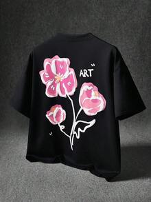 Short-Sleeved T-Shirt With Embossed Floral Print, Urban Style, For Men And Women, Suitable For Outdoor Activities, Music Festivals, Daily Wear And Meetings With Friends. - 黑色 4 - 查看 2