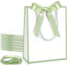 10 Pcs /1pcWedding Paper Gift Bags With Handle 9x7x3.15'' Thank You Gifts Bags With Ribbon Bow Bridal Shower Gifts For Baby Shower Graduation Holiday Birthday Party Supplies (White,Sage Green) - White, Sage Green - View 1