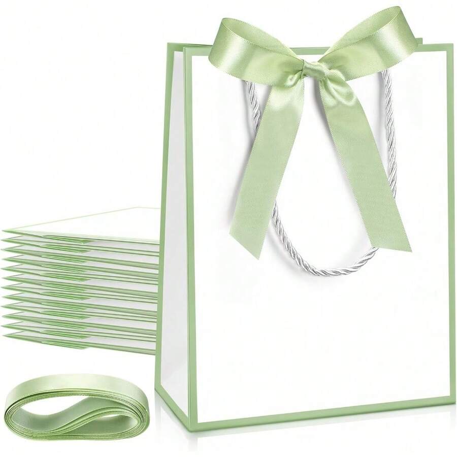 10 Pcs /1pcWedding Paper Gift Bags With Handle 9x7x3.15'' Thank You Gifts Bags With Ribbon Bow Bridal Shower Gifts For Baby Shower Graduation Holiday Birthday Party Supplies (White,Sage Green) - White, Sage Green - View 1