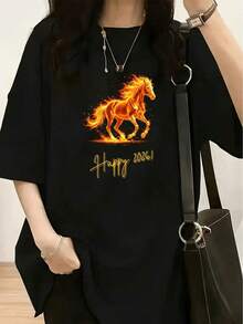 1 Piece Women's Vintage Western Gothic Horror Graphic T-Shirt - Featuring Cowboy Skeleton On Horseback And Skeletal Hands Design Br180g 100% Cotton - 黑色 - 查看 1