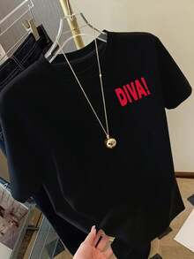 Short-Sleeved T-Shirt With Front And Back Print - DIVA, Queen's Fashion Print - Women's  Print T-Shirt For Spring/Summer, Fashionable Item, Elegant Party Outfit, T-Shirt For Elegant Ladies, Blouses Suitable For Curvy Women, Prom Skirts, Casual Wear - 黑色 - 查看 4