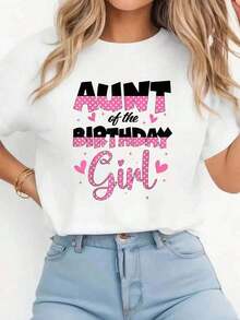 1 Piece "Aunt Of The Birthday Celebrant" Print T-Shirt For Family Party Decorations, Casual Short Sleeve Crew Neck T-Shirt, Comfortable, For Spring And Summer, Women's Clothing, 180g 100% Cotton. - 白色 - 查看 1